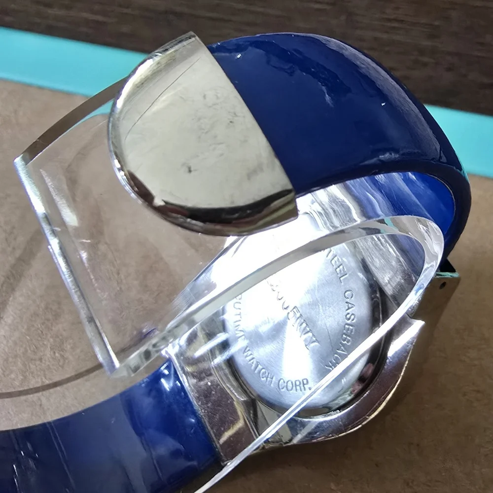 Accutime Rhinestone Ladies Silver Tone Blue Cuff Band Watch Working